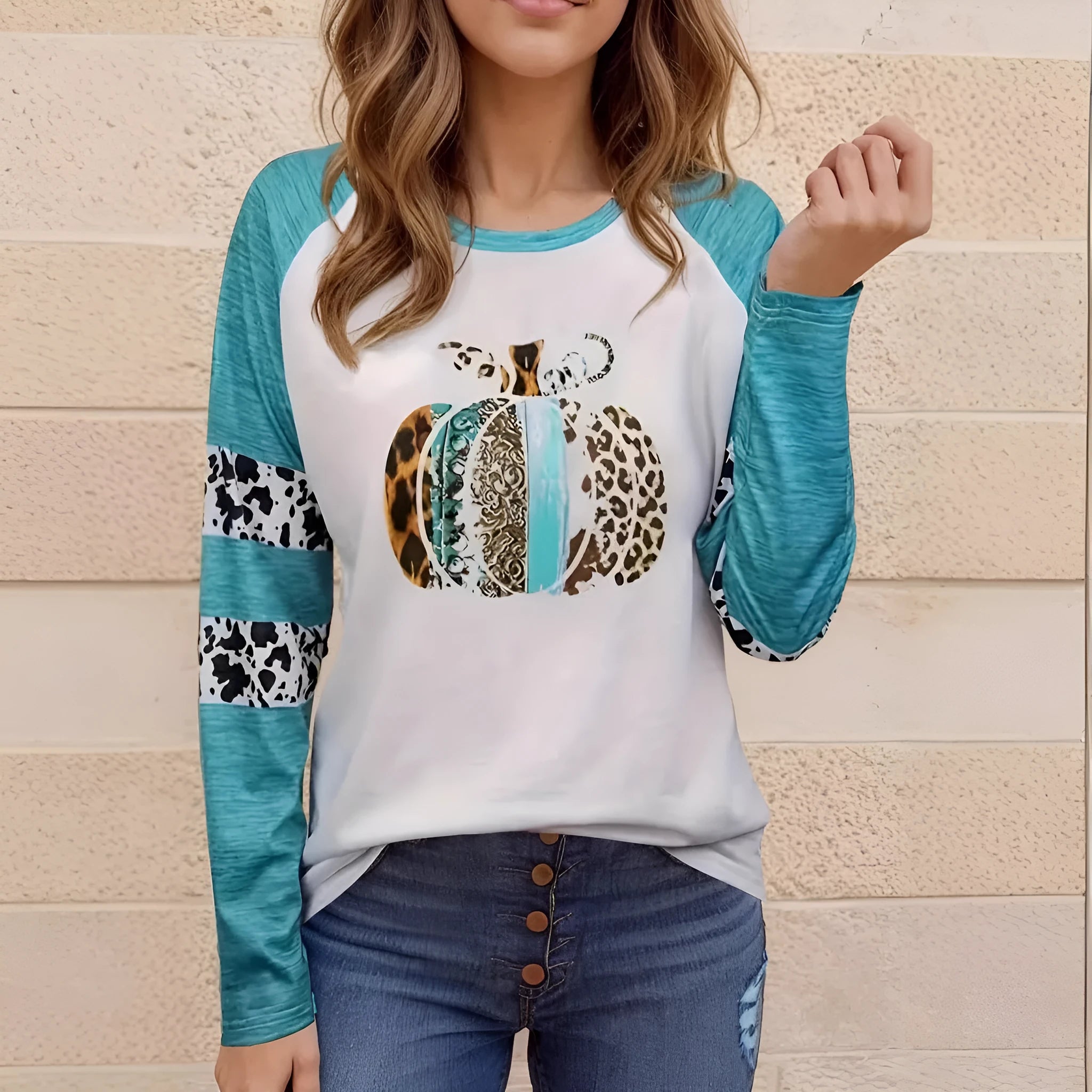 Sky blue polyester t-shirt with detailed 3D Halloween pumpkin printing, long sleeves, Japanese Korean casual style