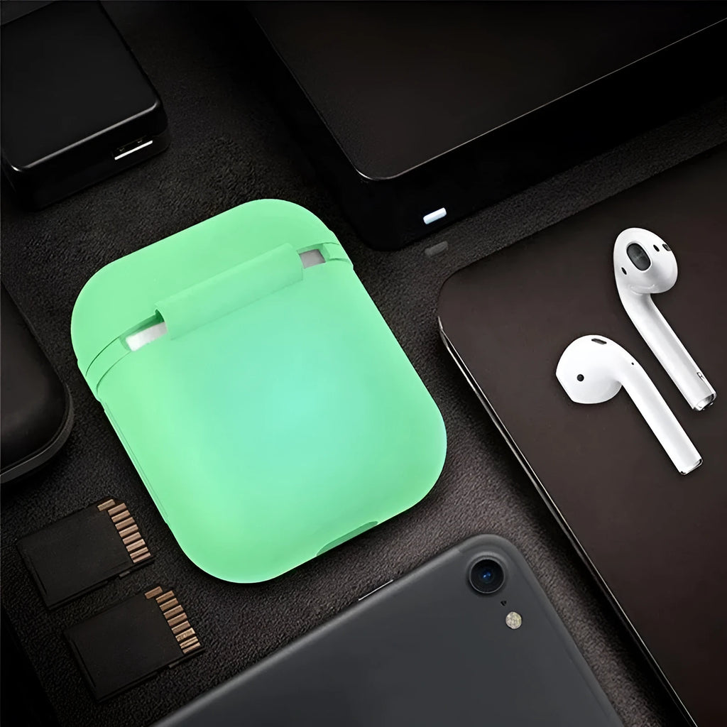 Luminous coloured silicone flip-top protective case for Apple AirPods earphones.