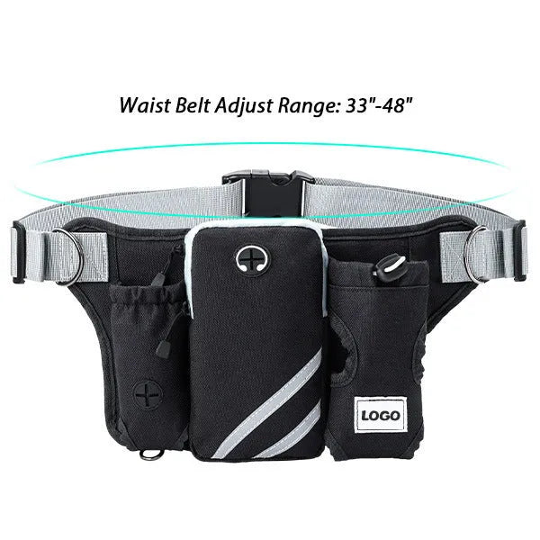 Black outdoor pet training waist bag with telescopic dog lead attached for hands-free walking