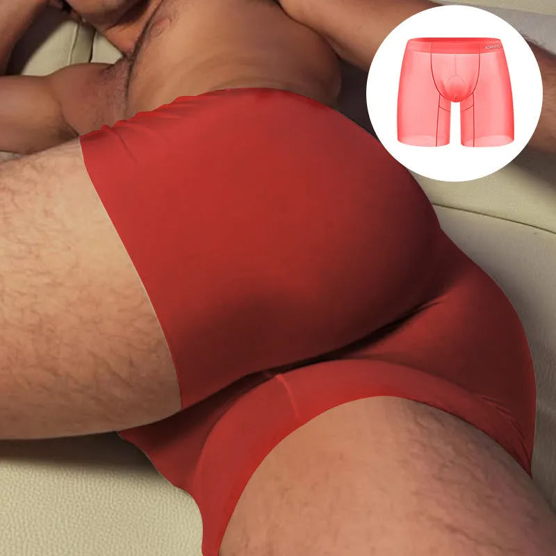 Men's seamless sports boxers in orange, pink, and red colours showing low waist design