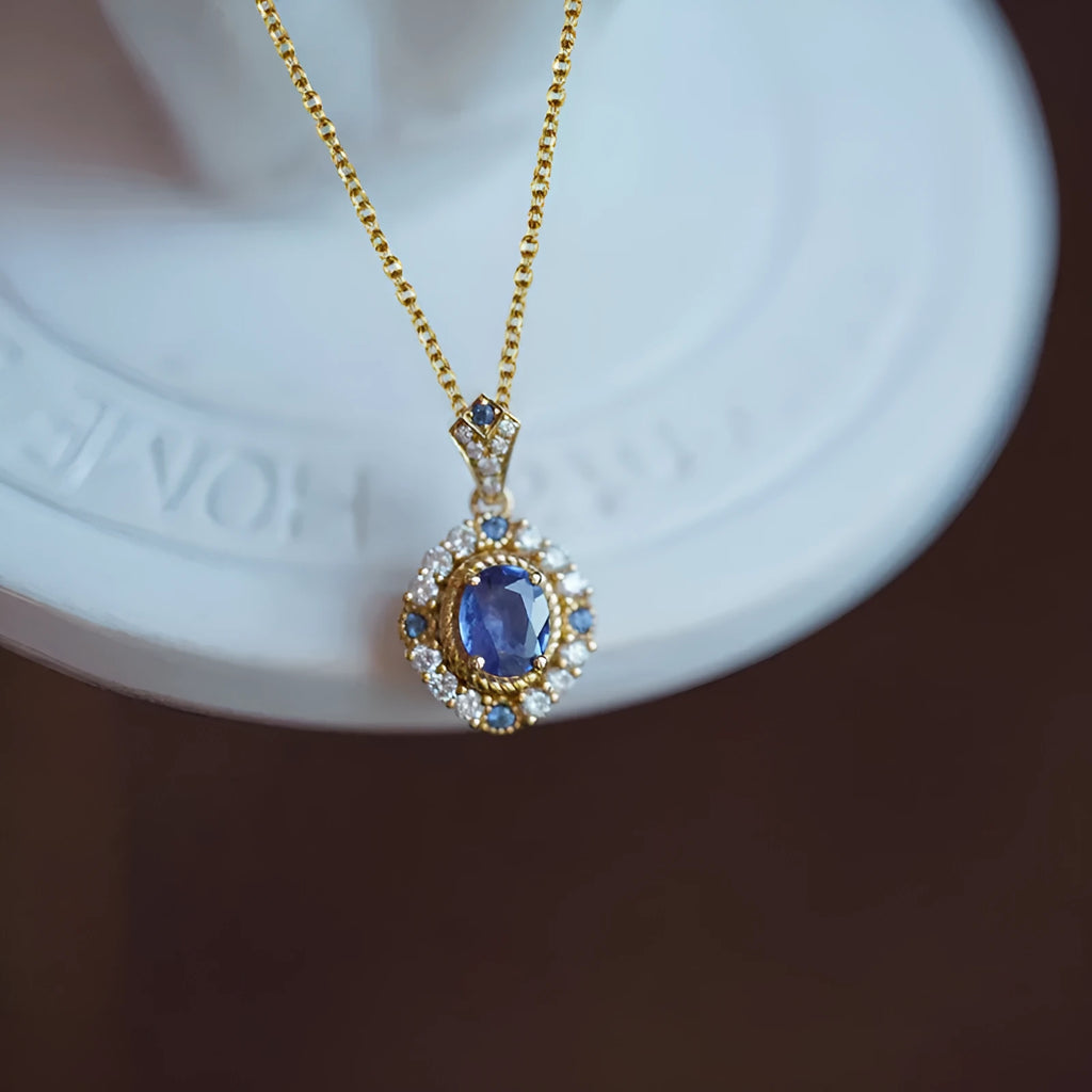 Royal necklace with mixed gem inlay pendant on golden box chain, adjustable from 21cm to 50cm