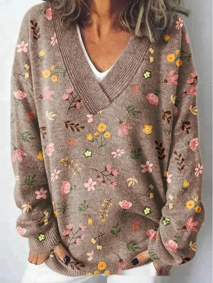 Women's retro-style V-neck sweatshirt with a 3D floral pattern print and long sleeves.