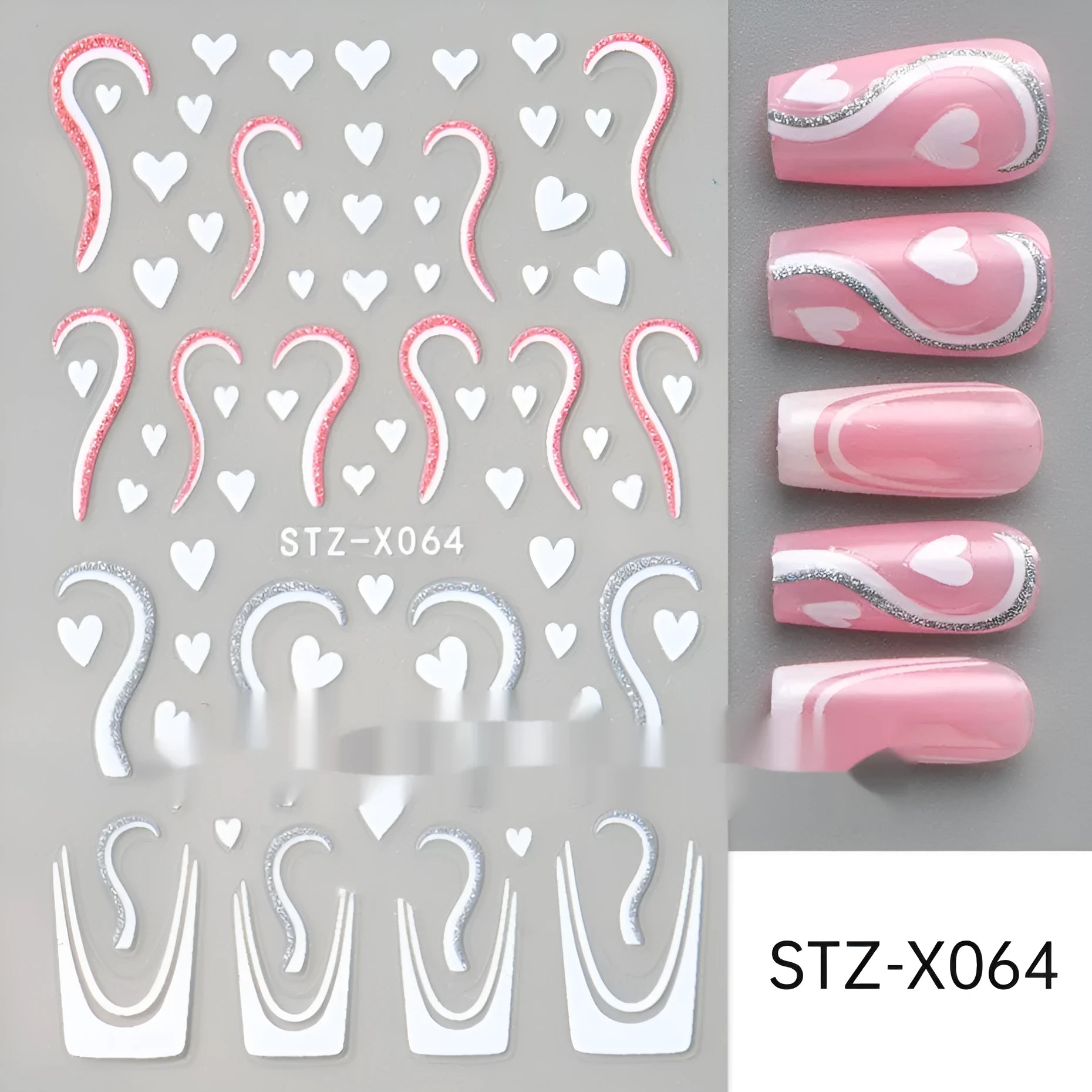 Set of 60 black and silver cartoon pattern nail strip stickers with plastic application patch.
