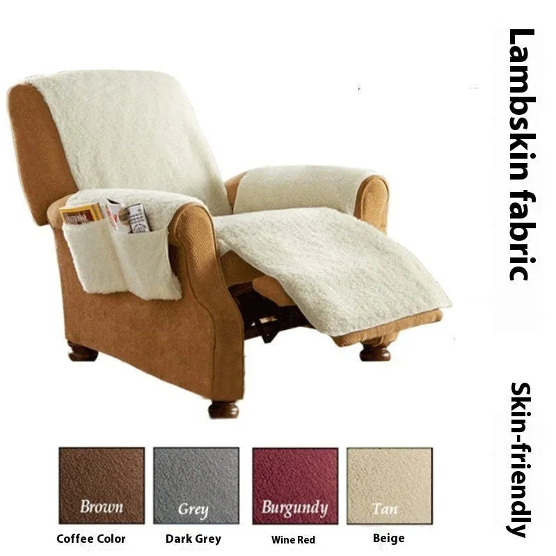 Lamb wool coloured polyester sofa cushion slipcover with elastic edges shown on a cushion.