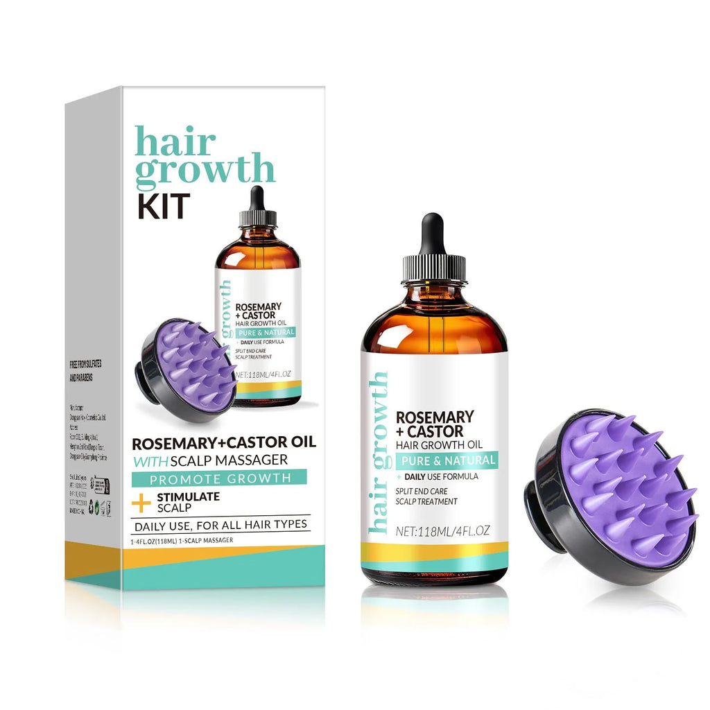 118ml bright yellow hair treatment oil bottle with included massage brush for hair strengthening application