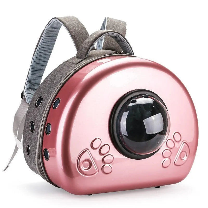 Transparent space capsule cat carrier bag in rose gold, silver, or champagne gold colour.
