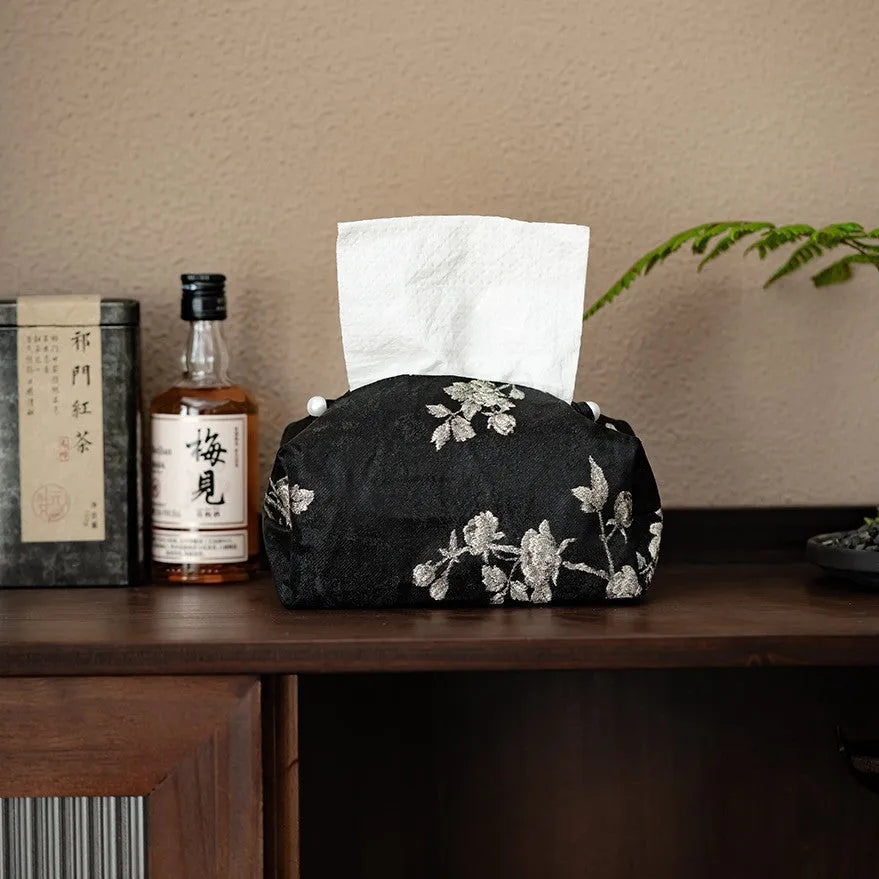 New Chinese style brocade tissue box cover with white plum embroidery pattern