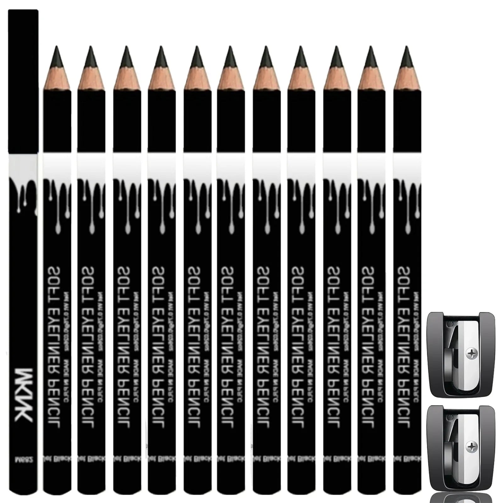 12 white and black retractable eyeliner pencils with sharpener for waterproof makeup application