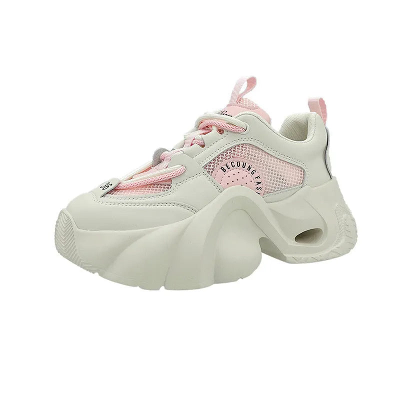 Women's pink casual sneakers with cross shoulder straps and thick sole