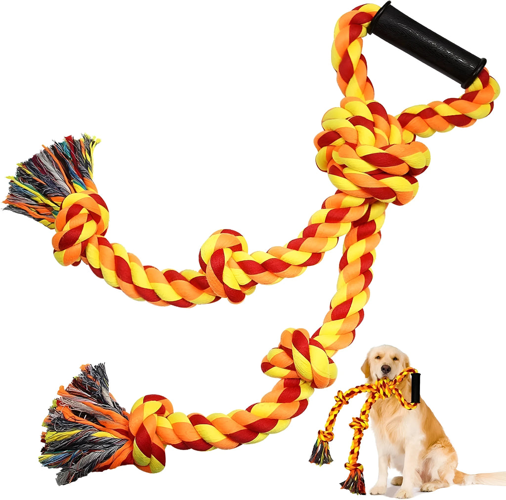 Blue and yellow 62cm long cotton rope dog toy with a handle for tug of war.