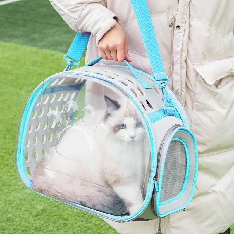 Transparent hard EVA space capsule backpack for cats, shown in green, with large interior and backpack straps.