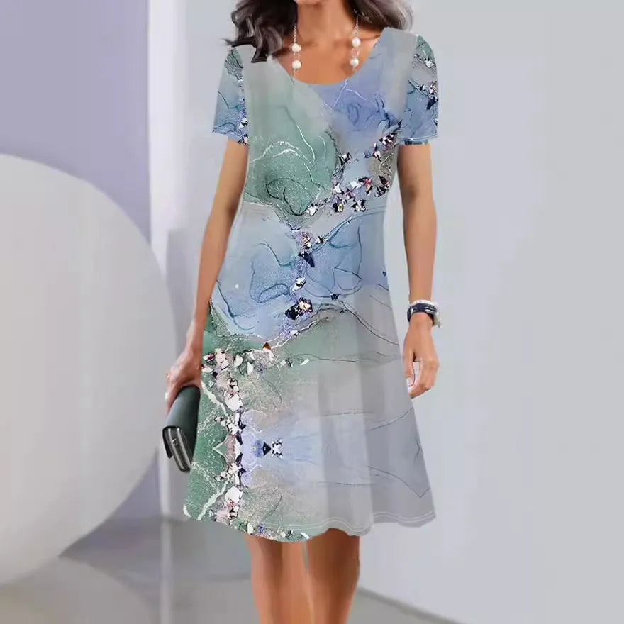 Women's floral print mid-length A-line summer dress on a hanger