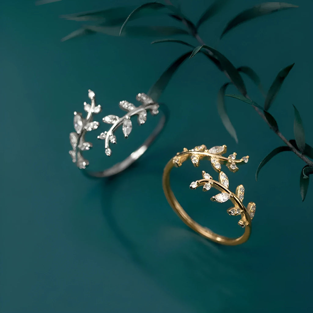 Women's copper leaf branch ring with geometric design in gold or silver electroplated finish
