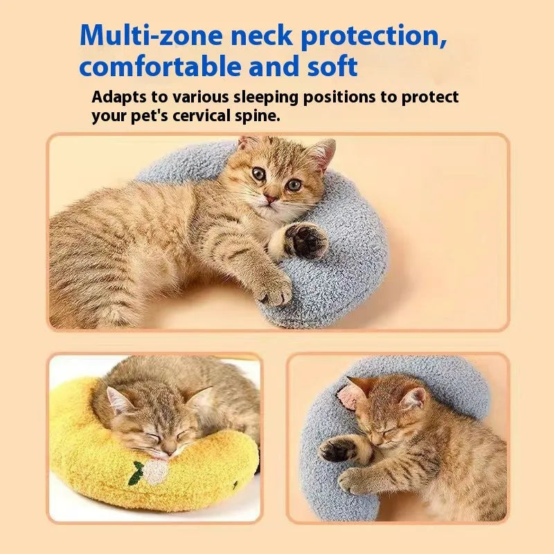 Blue U-shaped cloth pillow for cat neck support, shown in Moon style.