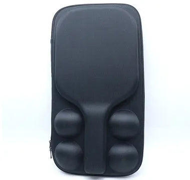 Black EVA pickleball racket storage box with shoulder straps, shown holding a racket and balls.