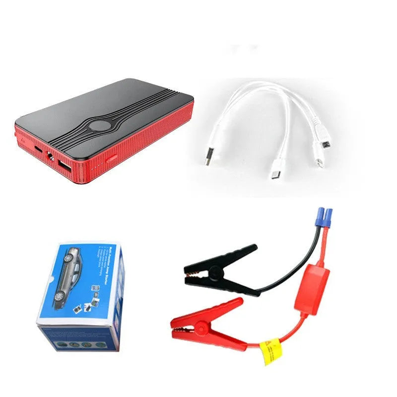 Red K4-E portable car jump starter power bank with USB port and display, shown next to included data cable.