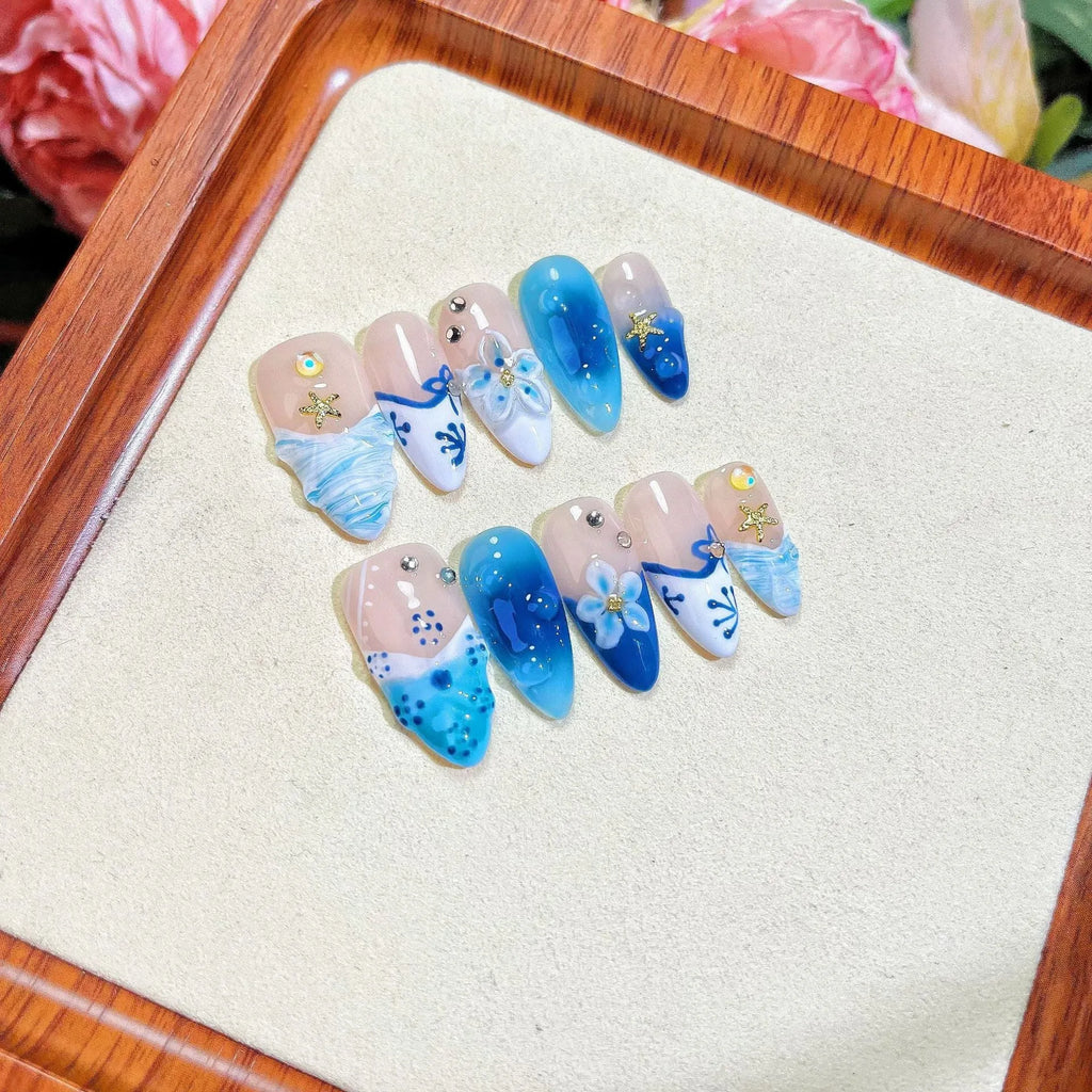Blue hand-painted carved summer ice transparent fake nails plastic wearable armour sizes XS S M L