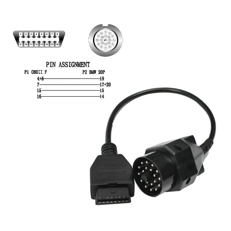 BMW OBD2 diagnostic adapter cable showing 20-pin male plug and 16-pin female OBD2 socket.