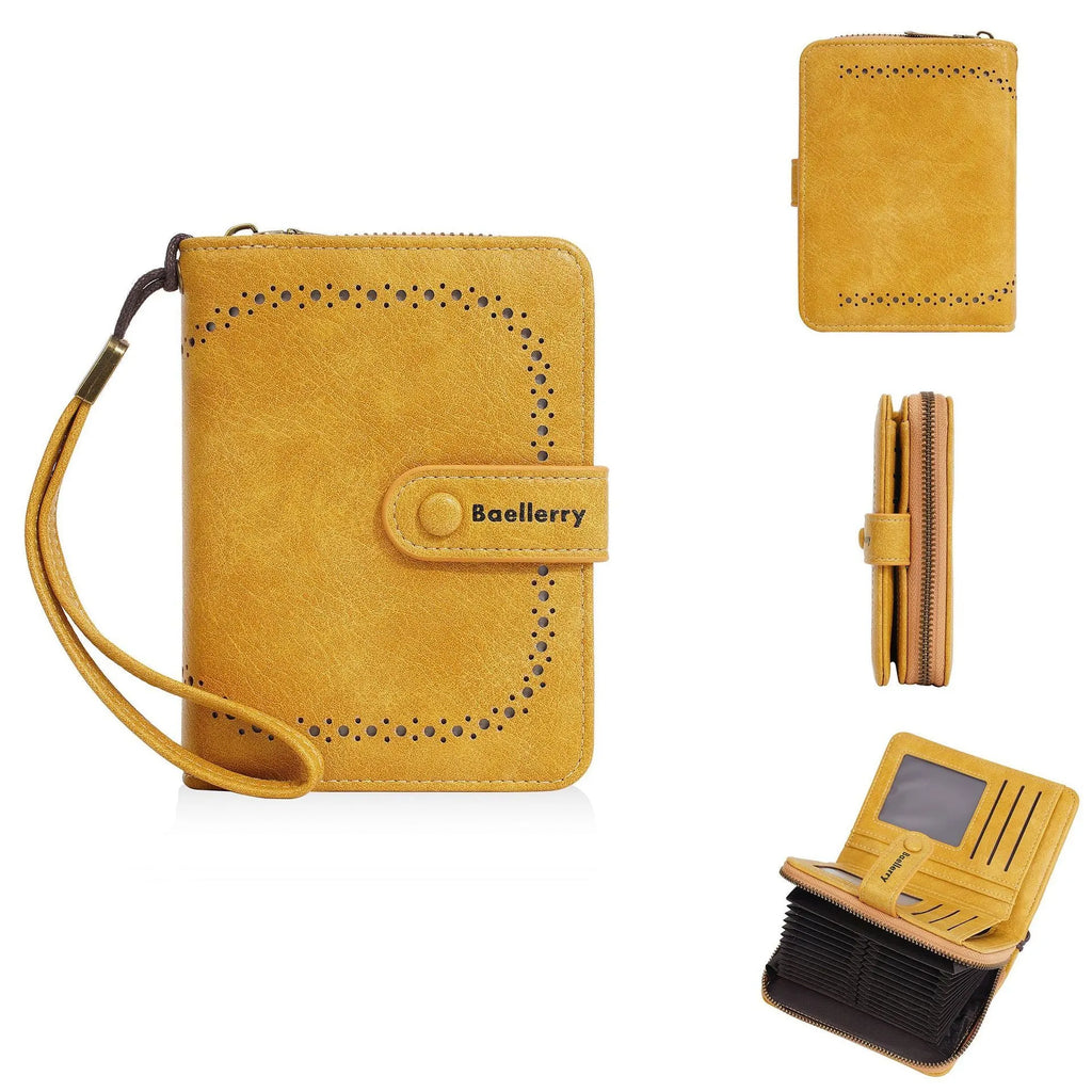 Women's black PU leather zipper coin purse with integrated card slots lying open.