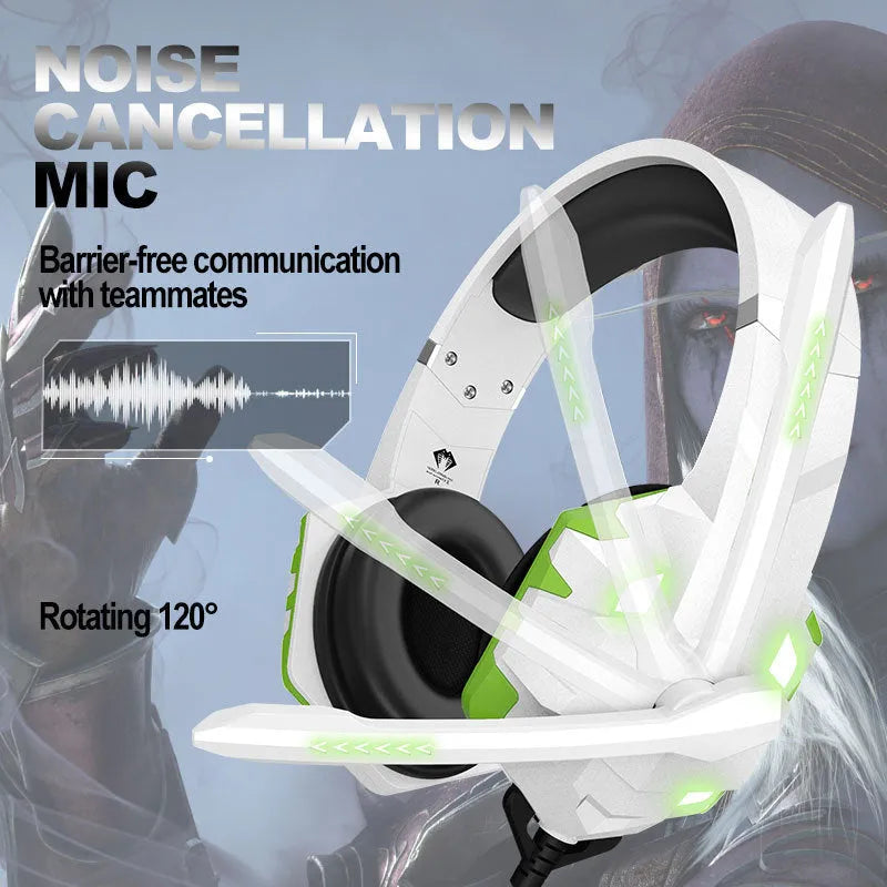 Wired gaming headset with microphone and RGB breathing lights in blue, pink, red, and white colour options.