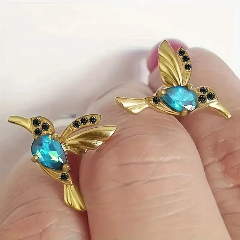 Bird hanging earrings with mixed zirconium wings in blue and red alloy drop style