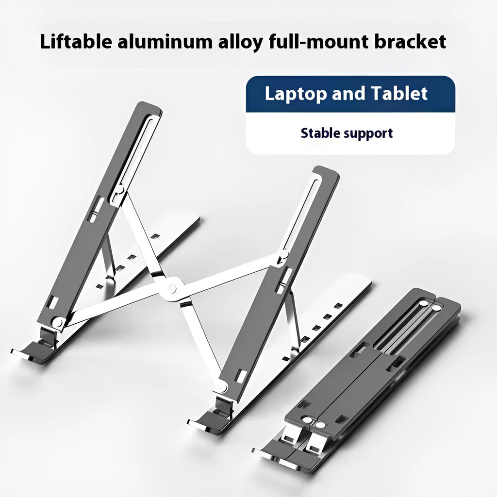 Silver aluminium folding laptop stand shown open and closed next to a laptop
