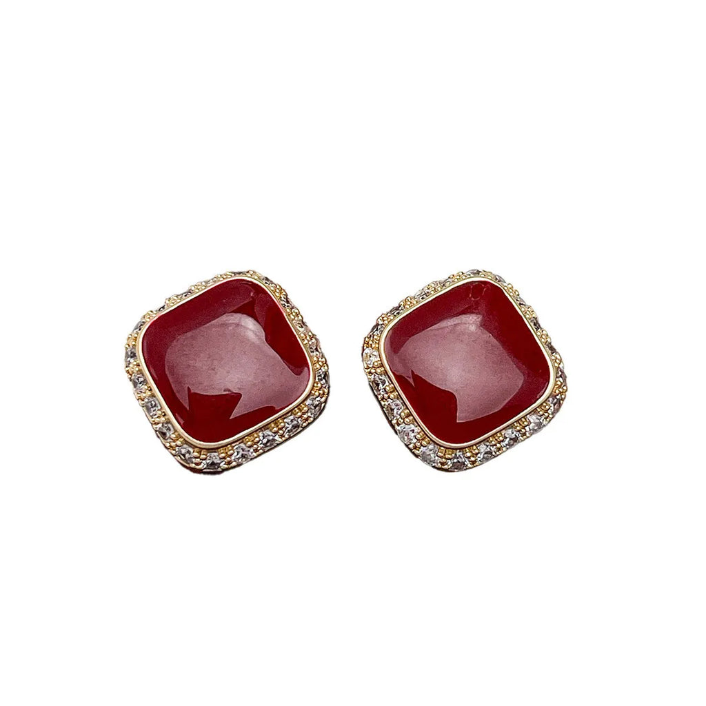 Red geometric square alloy earrings with seiko treatment for women
