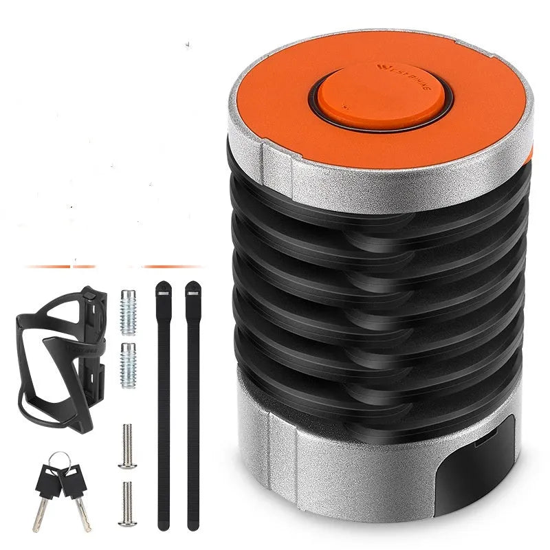 Black folding bicycle lock showing compact folded design with multi-material construction