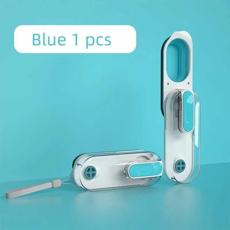 Blue portable dog water bottle with a foldable silicone bowl attached and a carabiner clip.