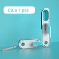 Blue portable dog water bottle with a foldable silicone bowl attached and a carabiner clip.