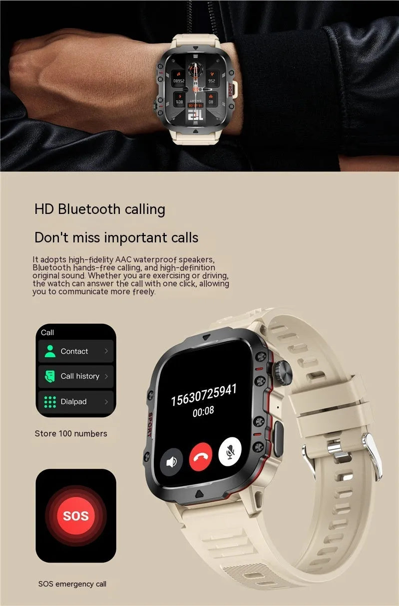 QX11 smartwatch with 50mm touch screen showing heart rate and step count display on wrist.