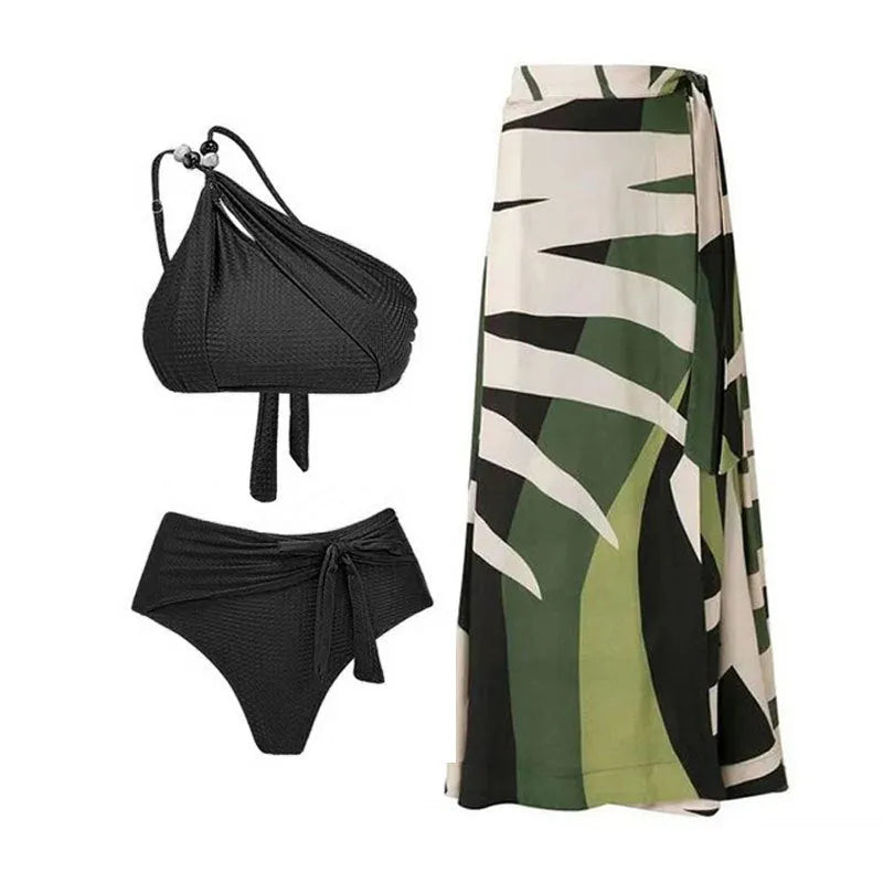 Women's brown high-waist push-up bikini with a sheer split chiffon dress overlay.