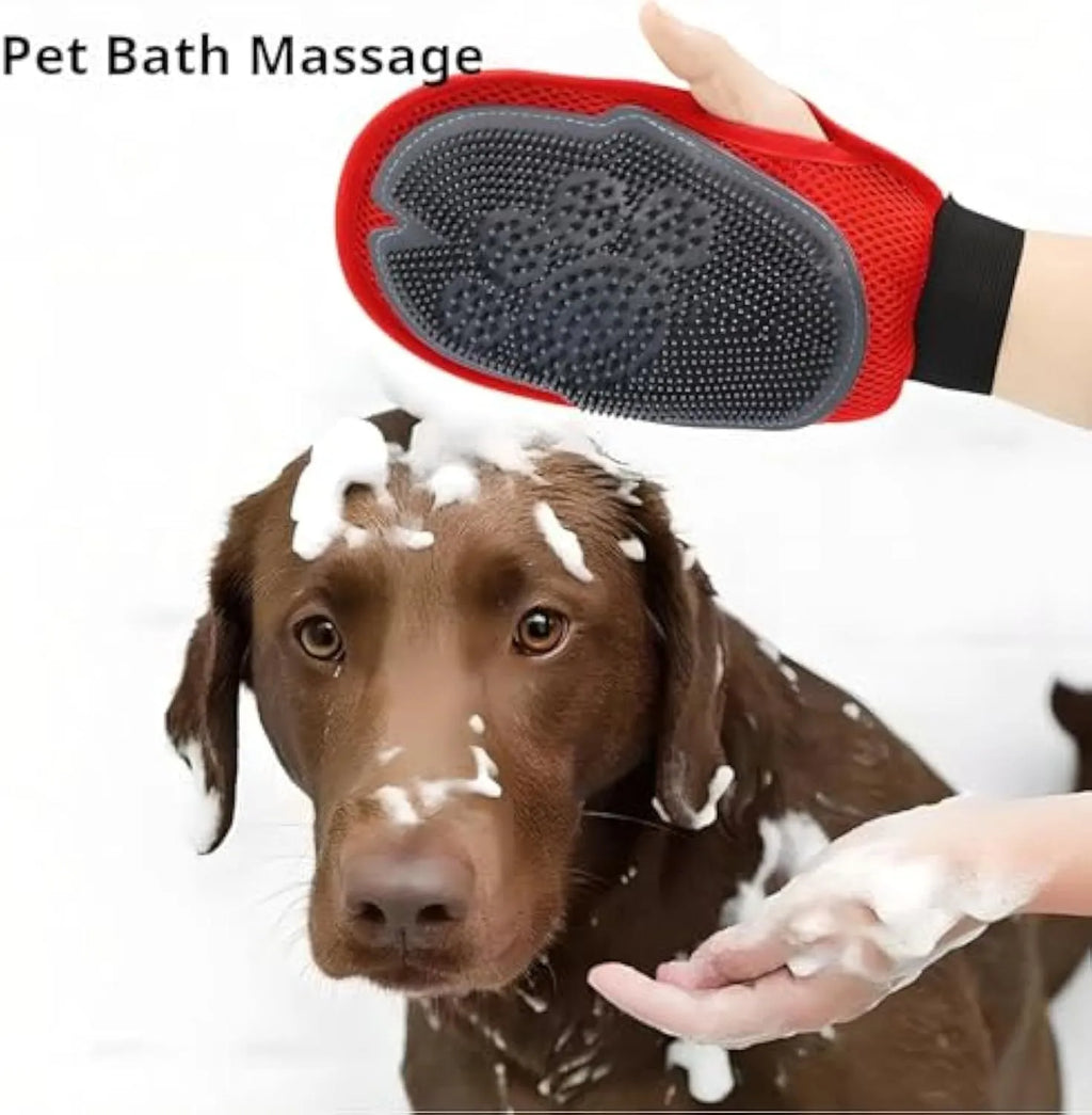Red pet bathing glove with integrated brush design for hair removal during pet grooming
