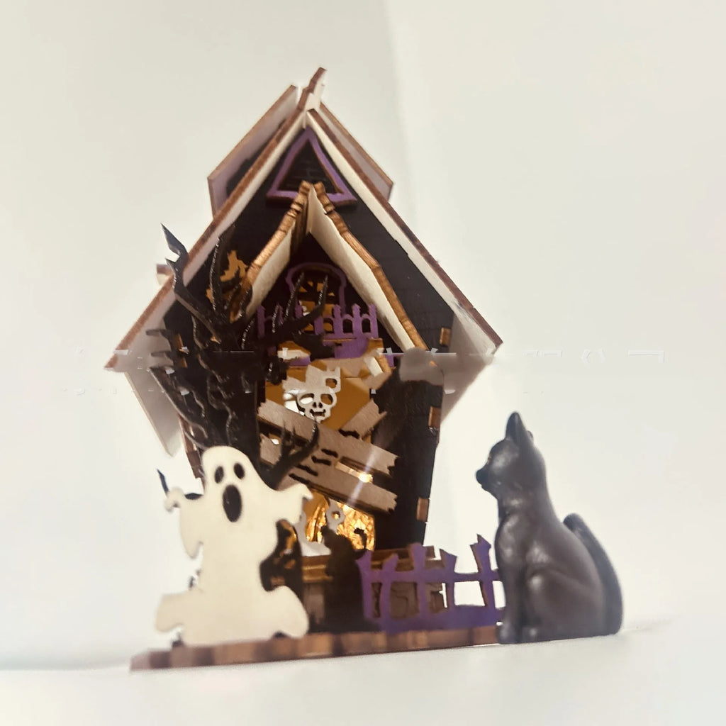 Halloween DIY wooden glowing haunted house table decoration measuring 14x10.5x19cm