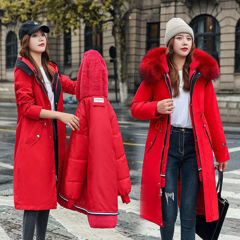 Women's long cotton-padded trench coat in bean green with 100cm length and fleece lining