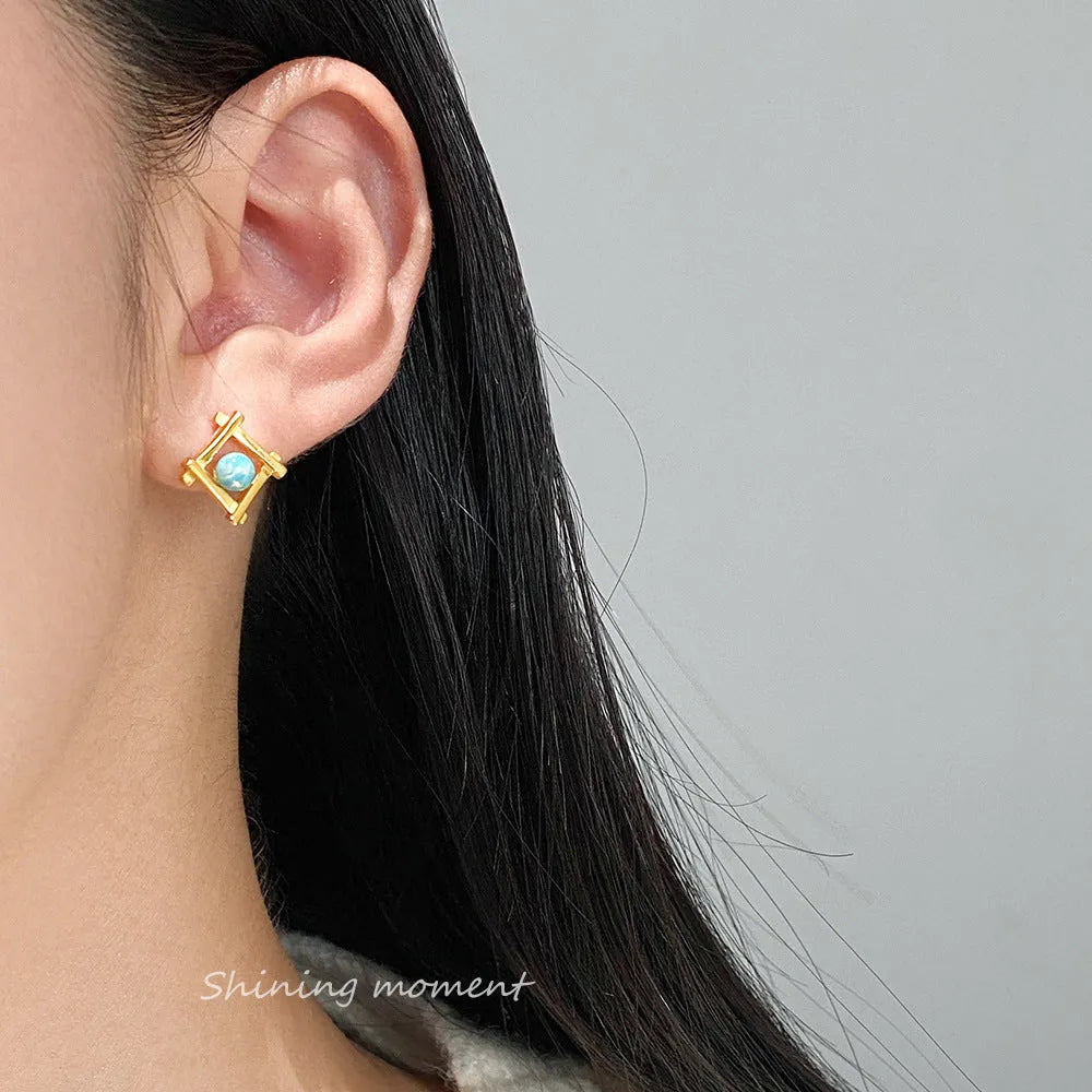 Geometric cross quadrangle stud earrings in sterling silver with silver or gold plating