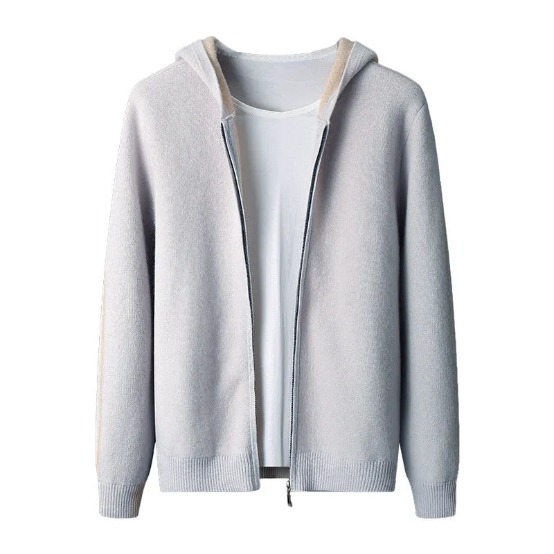 Men's dark blue cashmere cardigan sweater with zipper half-high collar and long sleeves