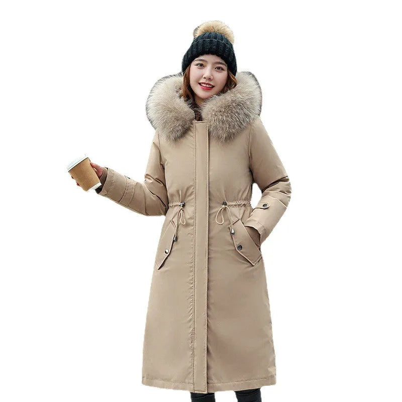 Women's long cotton-padded trench coat in bean green with 100cm length and fleece lining