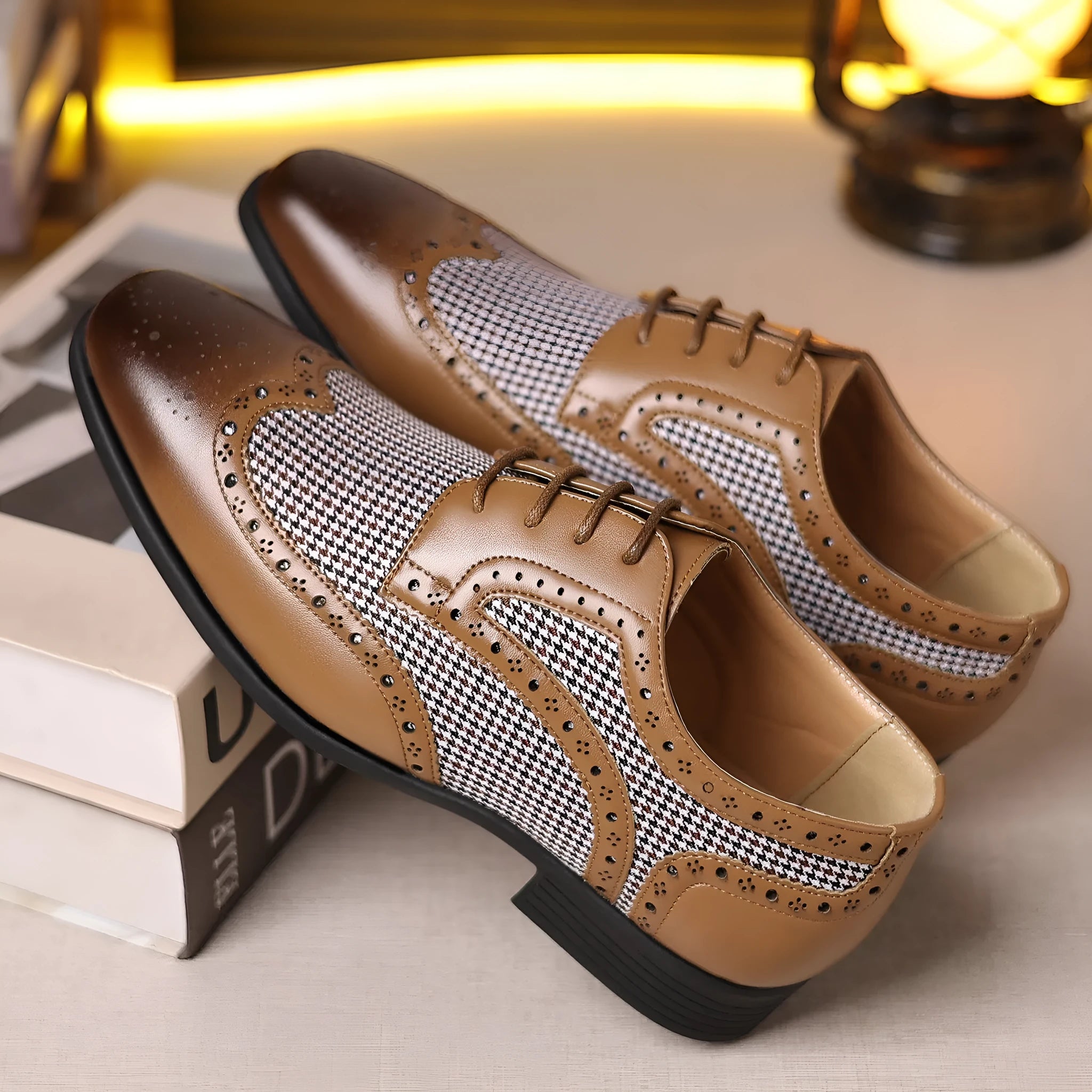 Men's black houndstooth pattern canvas casual shoes with lace-up front and rubber sole.