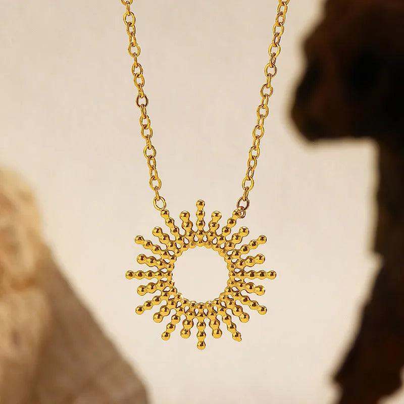 14K stainless steel geometric chain necklace and bracelet set with sunflower motifs