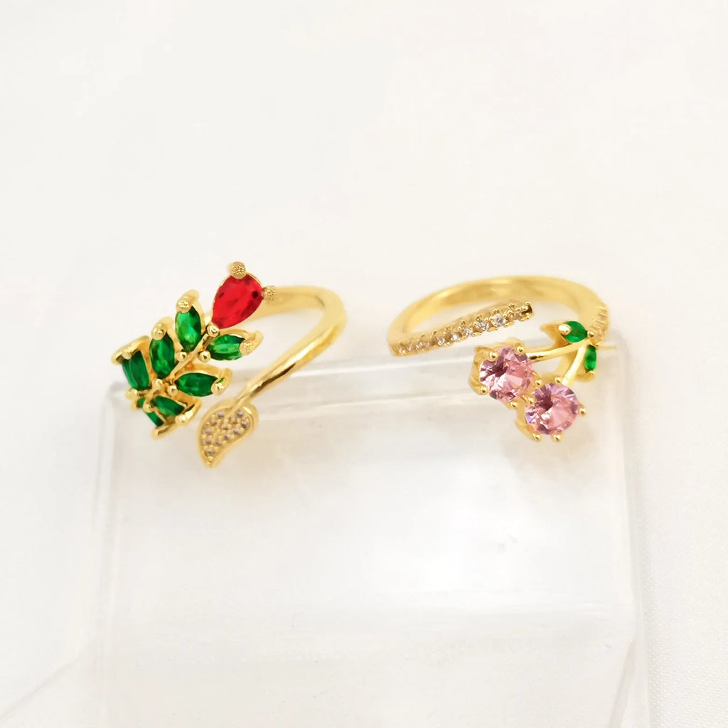 Copper geometric open ring with gold-toned zircon leaf design for women in two colour options