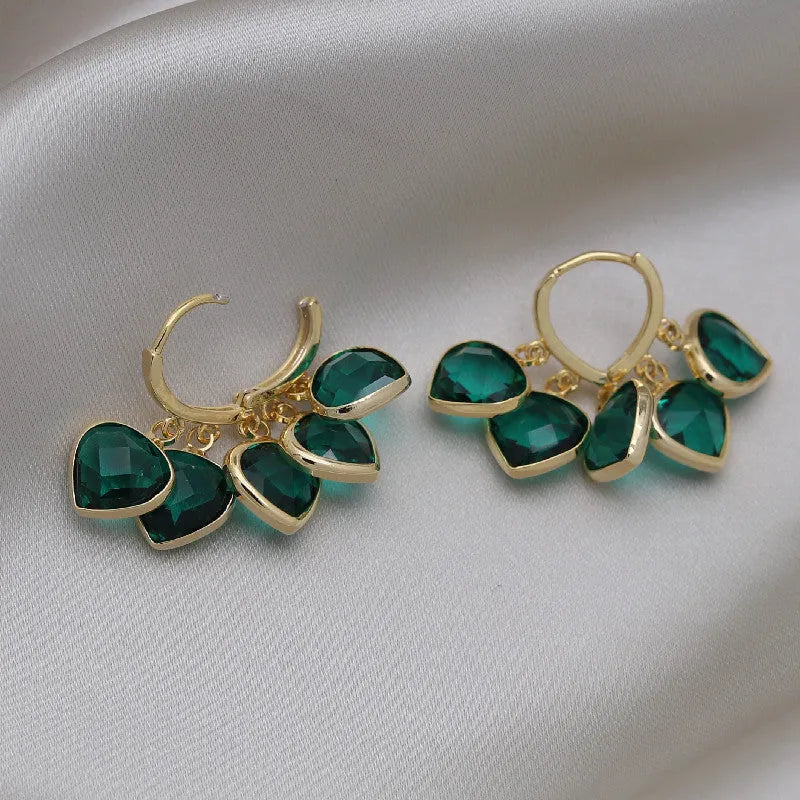Green heart pendant ear clip earrings with alloy inlaid artificial gemstone, Korean style women's jewellery