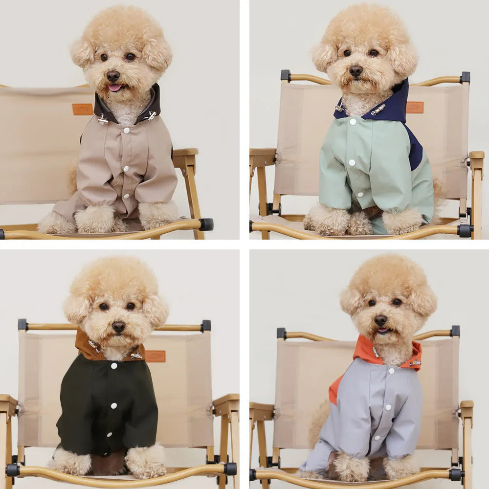 British style waterproof polyester jacket for small or medium dog on size chart with khaki, green, orange colours.