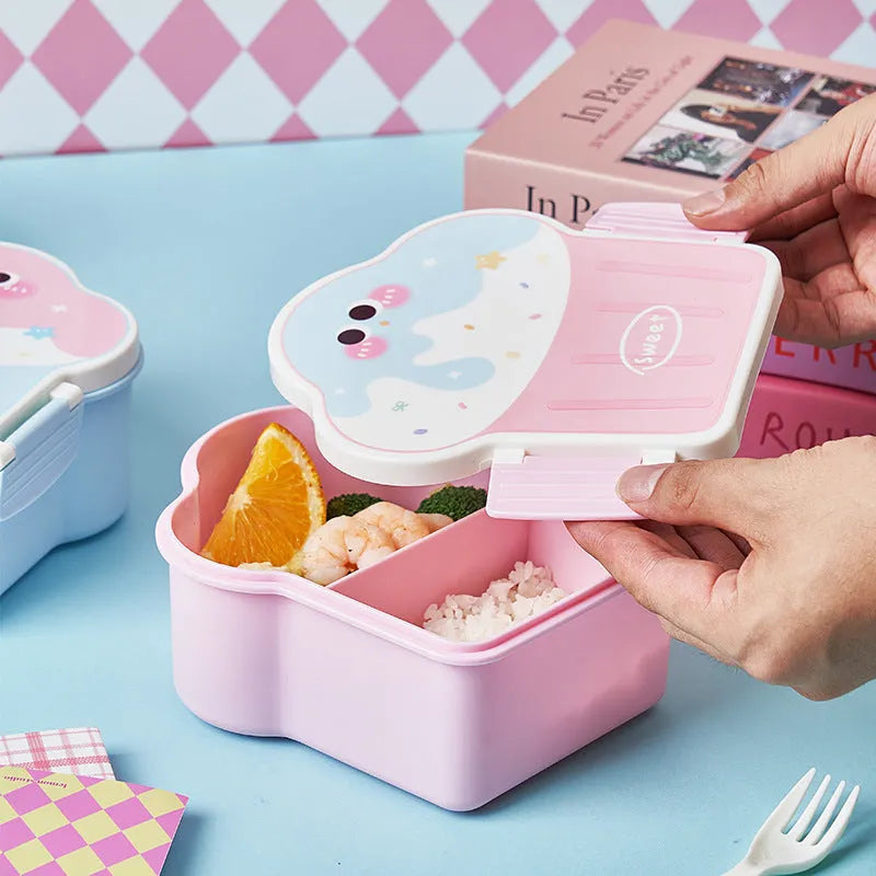 Pink and blue ice cream shaped plastic lunch boxes with bento compartments, includes spoon and fork