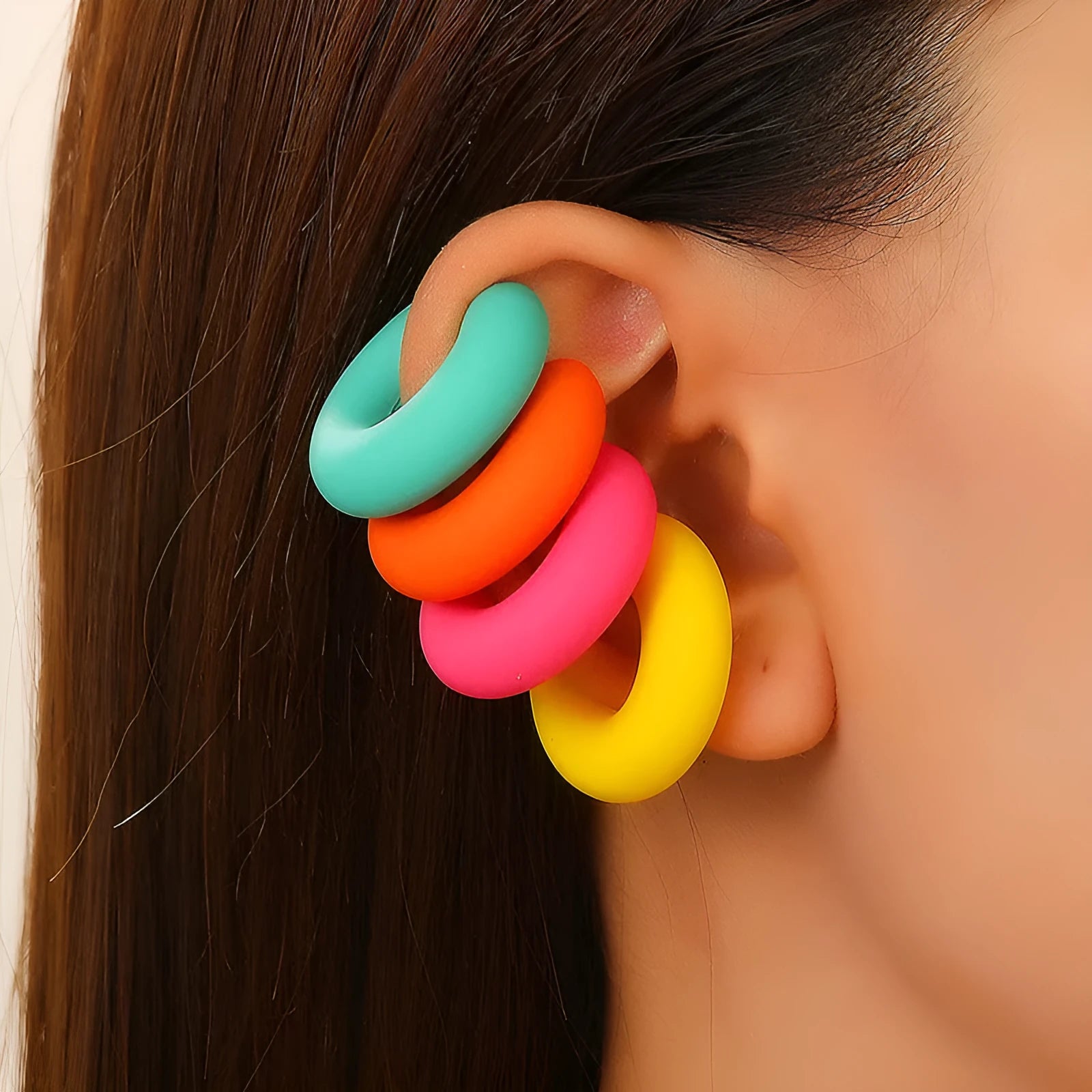 Matte finish C-shaped geometric clip-on earrings in assorted candy colours