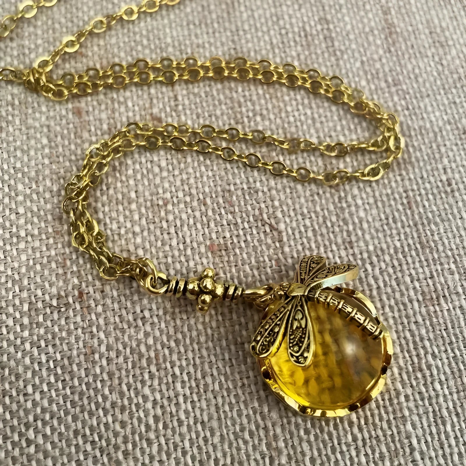 Vintage bronze hand carved dragonfly pendant necklace with 925 silver components in yellow colour
