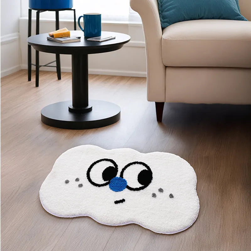 Cartoon printed bathroom mat in cashmere-like polyester fabric showing colour and size options