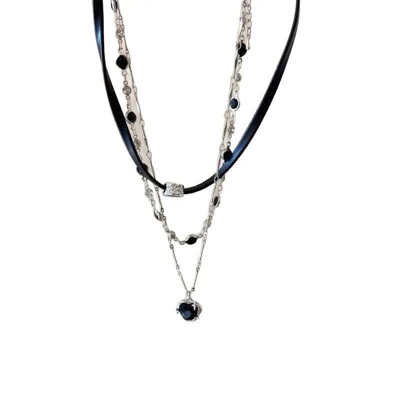 Women's adjustable heart necklace with leather layers and alloy pendant on 41-50cm chain