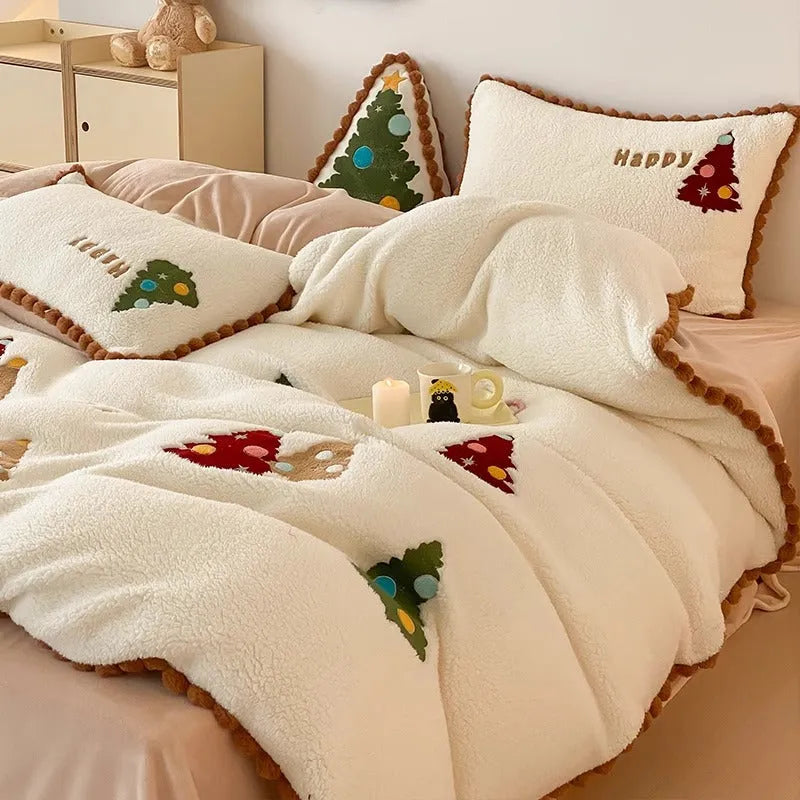 Winter Warm Christmas Tree fleece-lined bedding set in bright yellow with cartoon animation pattern