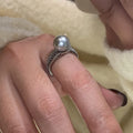 Women's geometric black pearl ring with adjustable open copper band for index finger